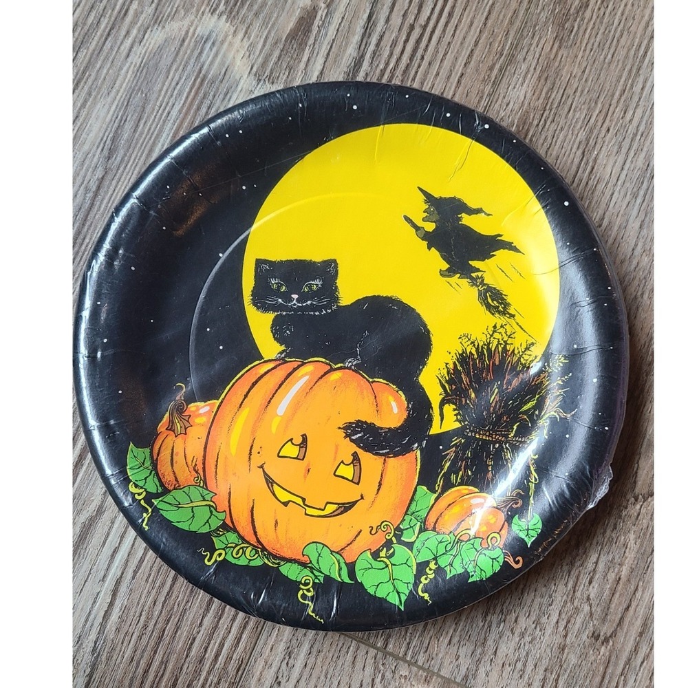 Vintage CA Reed Halloween Paper Plates 8 Pack Black Cat Pumpkin Witch 9 Inch